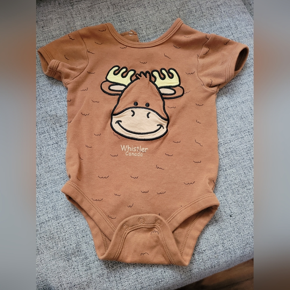 3/$20- whistler moose kids onsie. Brown with tail. Size 18M.